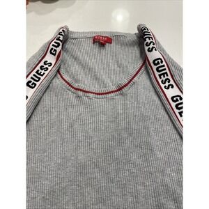 Guess Womens Gray Ribbed Knit Long Sleeve Scoop Neck Logo Tape Top Size L